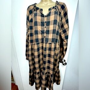 Marine Layer Black & Brown/Tan Gingham Ruffle Quarter Button Long Sleeve Dress S
